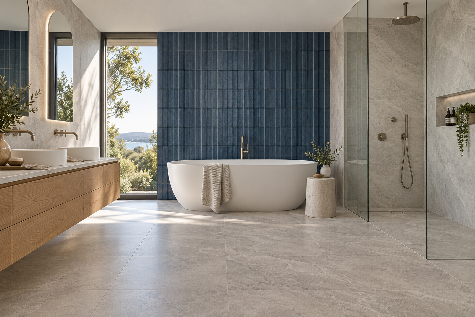 Concept bathroom with blue feature tiles, a freestanding bath and a floating timber vanity
