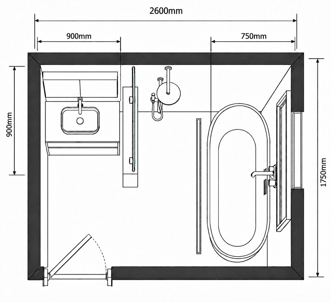 2D bathroom layout example with labelled dimensions, showing a vanity, shower and freestanding bath