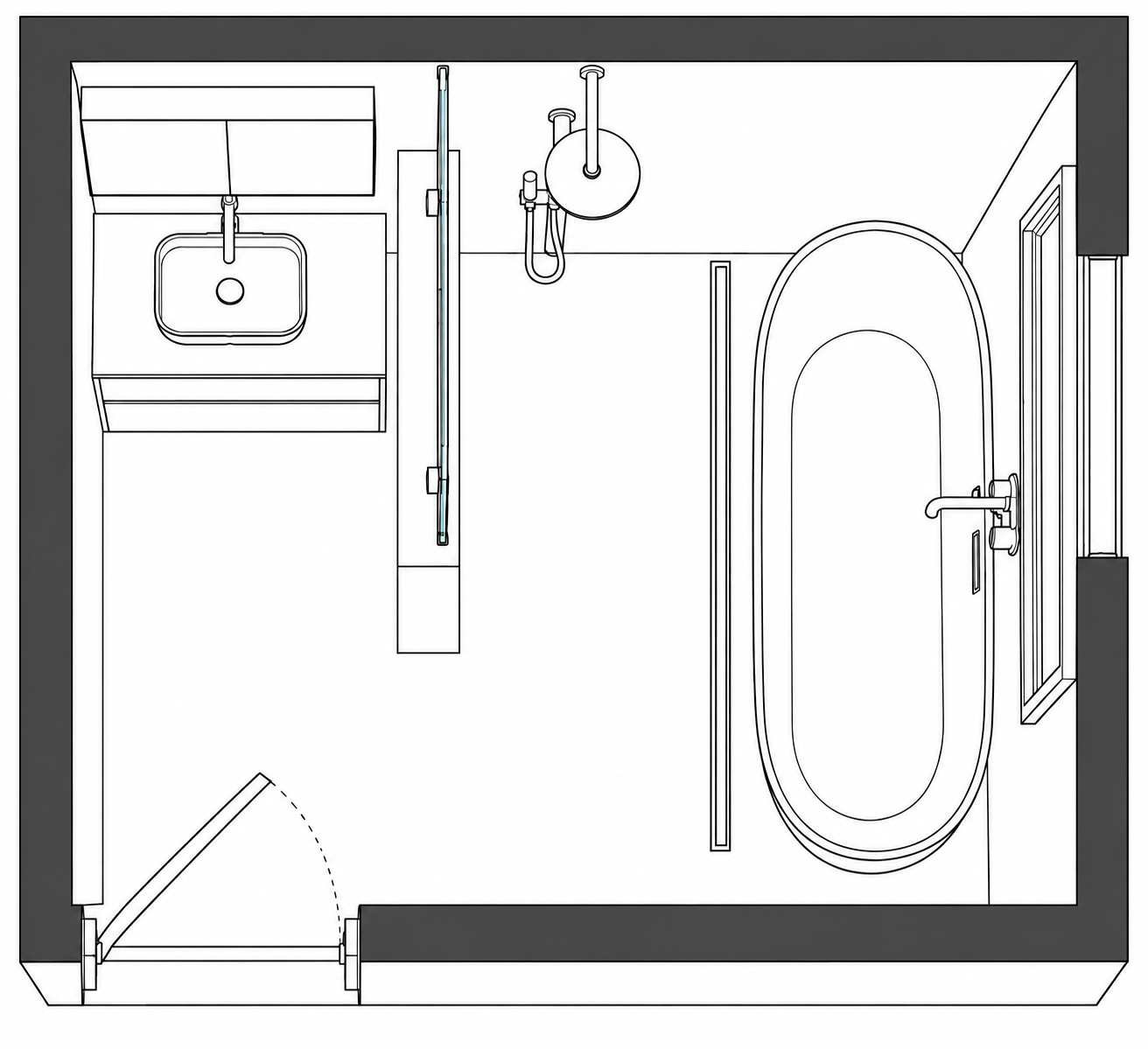 2D proposed bathroom layout with vanity, shower, dividing wall and freestanding bath