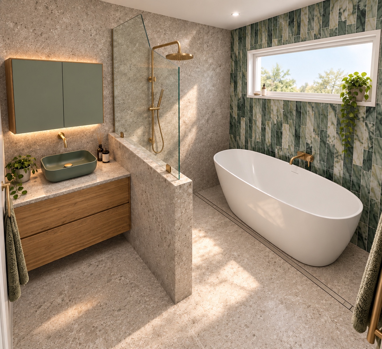 3D bathroom visualisation with green feature tiles, stone-look tiles, timber vanity and brushed gold fittings